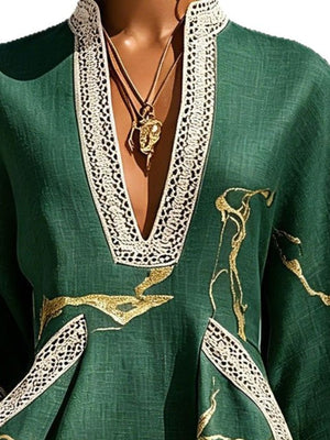 Notched 3/4 Sleeve Mini Dress in Green