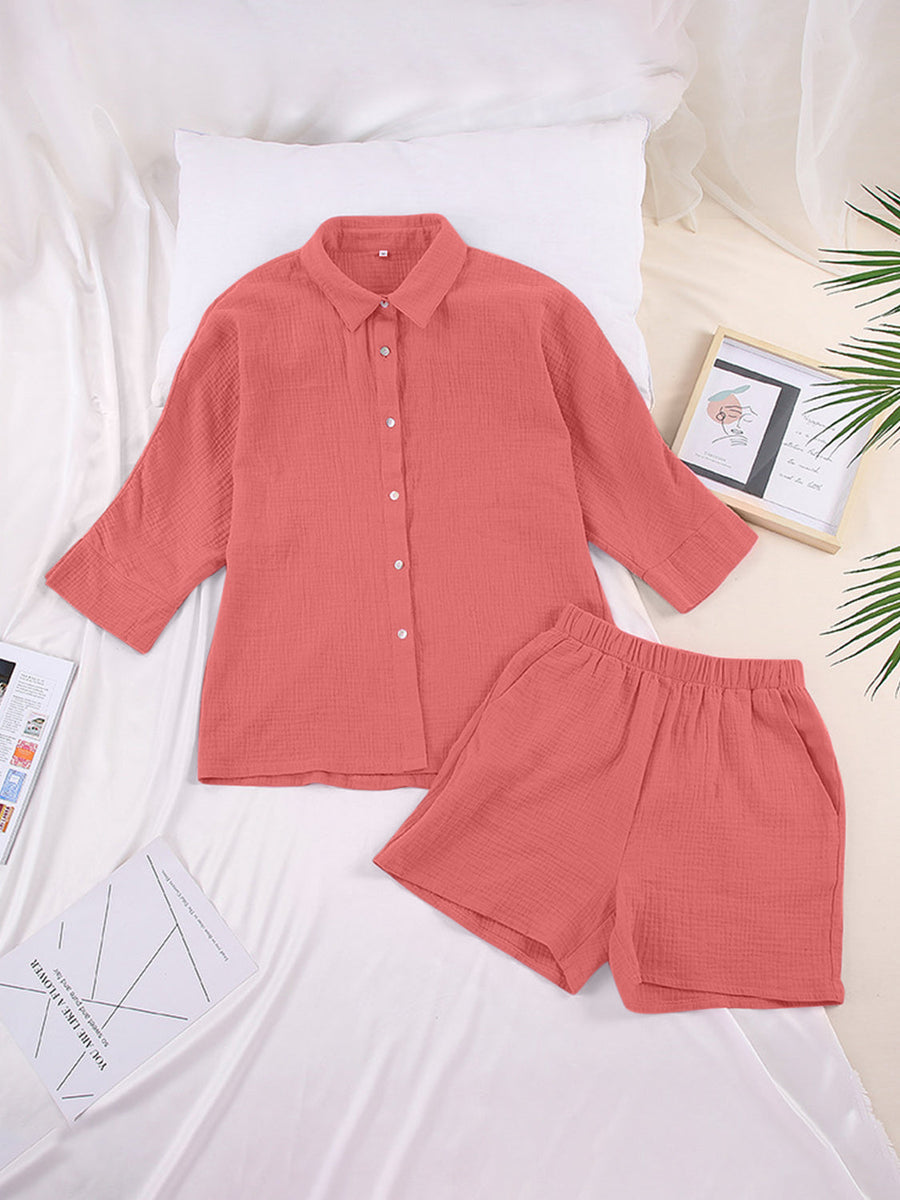 Coral gauze cotton resort shirt and shorts set with button front and elastic waist.