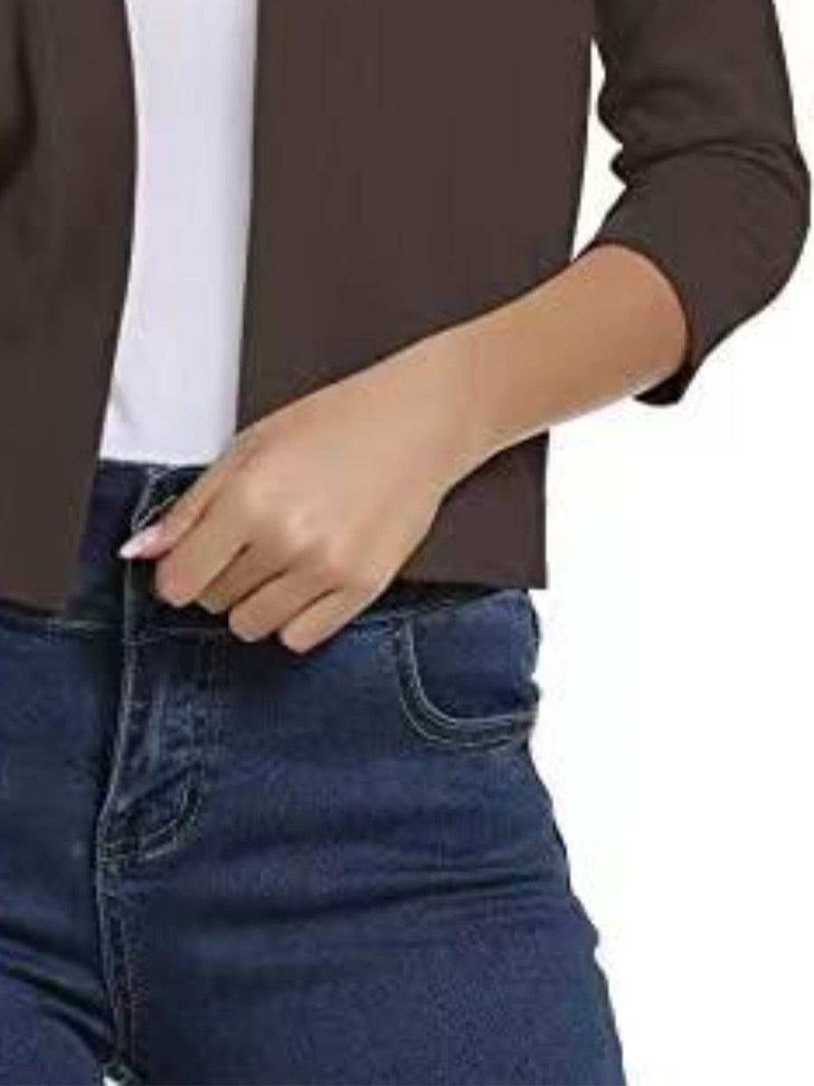 Cropped elbow-sleeve open-front knit cardigan in Chocolate.