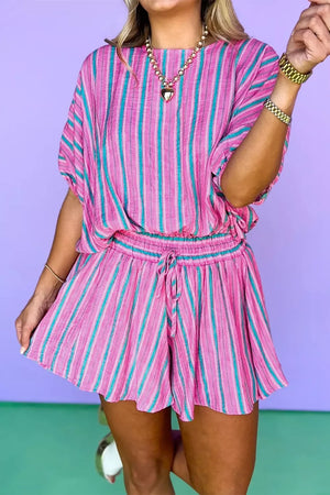 Vibrant stripe two-piece set with drawstring waist and short shorts.