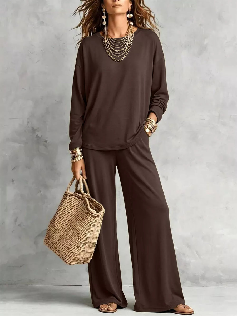 Brown two-piece set with hip-length top, full-length pants and pullover, elastic waist