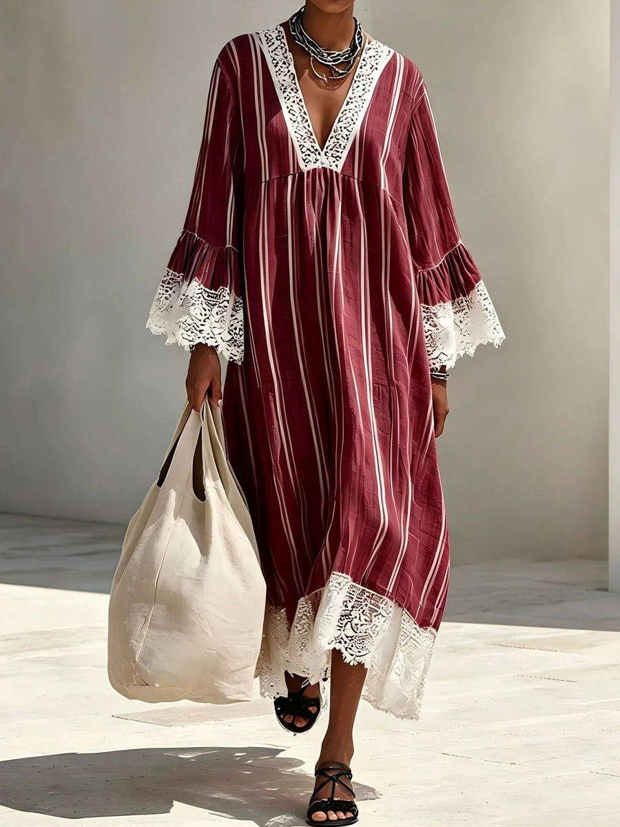 burgundy midi dress with striped and v-neck