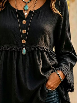 Button-down Detail Fringed Hem Blouse in blush pink with fringe