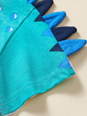Teal dinosaur t-shirt with blue spikes and white stitching.