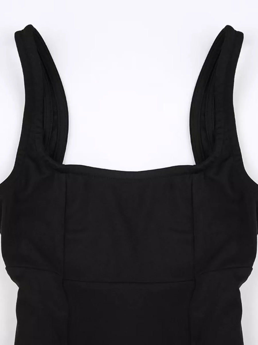 Black backless mini dress with square neckline and wide straps.