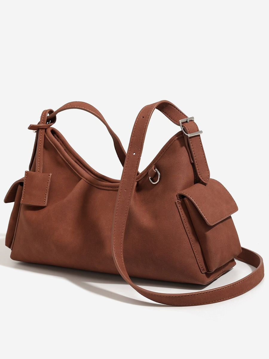 Suede Ruched Shoulder Bag in Brown with ruched