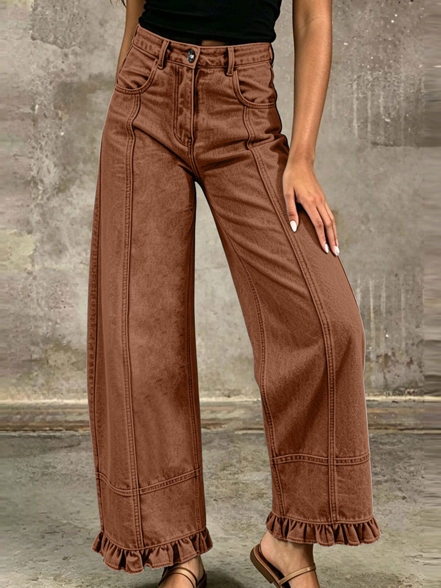 High-Waisted Wide-Leg Ruffled Hem Jeans Plus Size in Medium with buttoned
