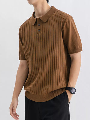 Men's coffee ribbed knit short sleeve polo shirt with a classic collar and two-button placket.