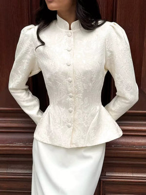 ivory peplum top with floral and mandarin collar