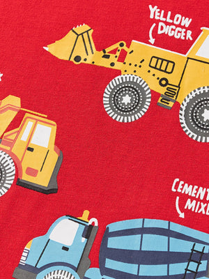 Red cotton t-shirt with cartoon construction vehicles including a yellow digger and blue cement mixer.