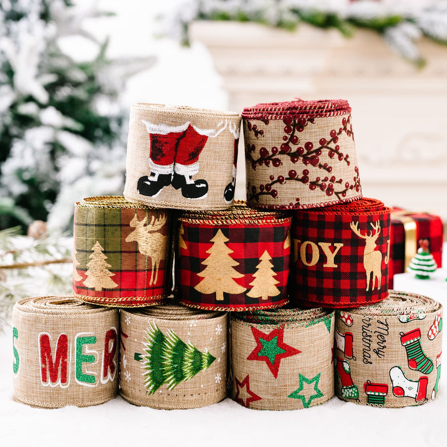 Festive holiday ribbons with Santa, deer, trees, and berry patterns on burlap.