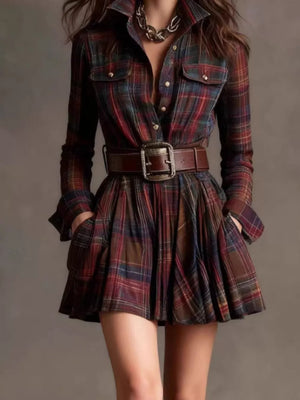 deep red shirt dress with plaid and collared