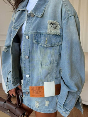 denim set in Light Blue with distressed and hip-length jacket, mini