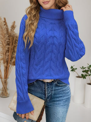 royal blue turtleneck sweater with cable knit and turtleneck