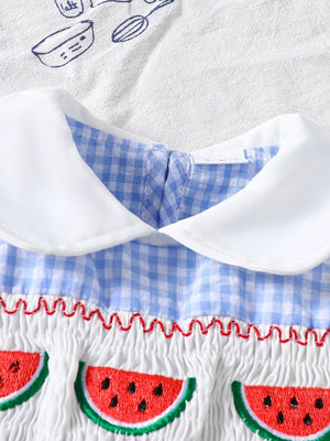 Baby dress with white collar, blue gingham, smocking and fruit embroidery