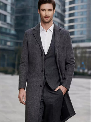 light gray slim overcoat with notch lapel