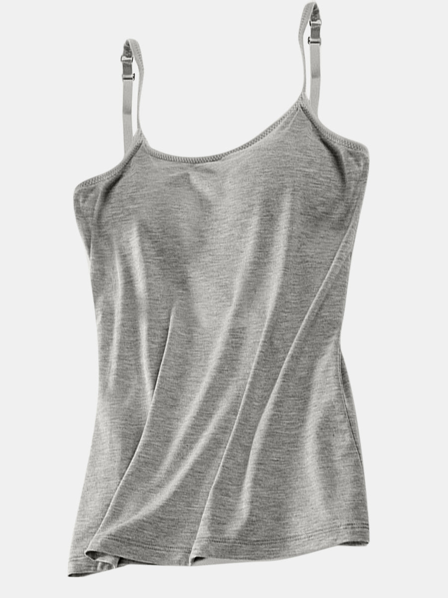 Gray soft-cup cami with adjustable straps and a scoop neckline