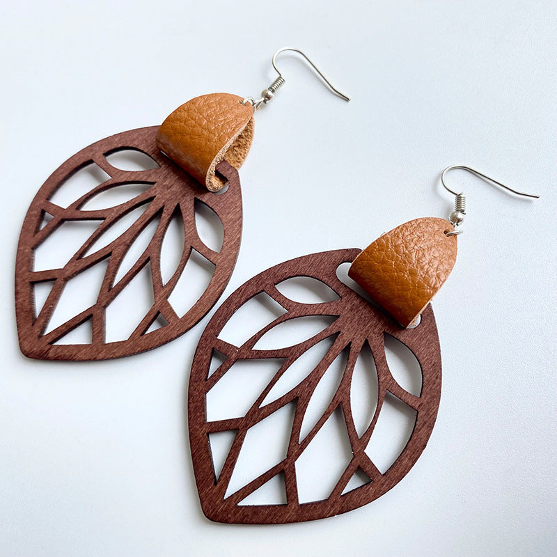 Caramel leather and wood leaf cutout dangle earrings