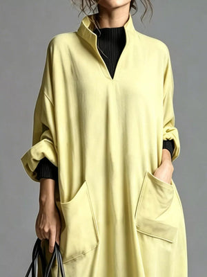 Loose-fit Mock Neck Midi Dress With Pockets in Brown with oversized