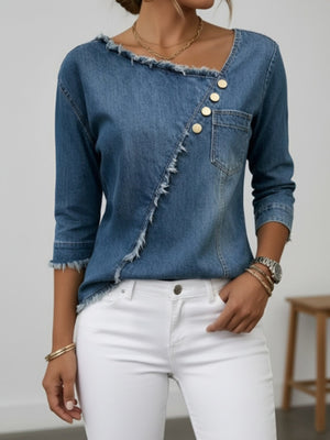 blouse in medium blue featuring raw hem and regular fit