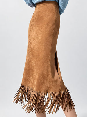 midi skirt in camel featuring fringe and straight fit