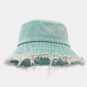 Vintage Washed Denim Bucket Hat in Yellow with frayed