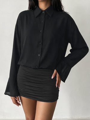 Button Front Flounce Sleeve Bodycon Shirt Dress in black