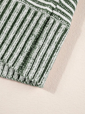 Relaxed ribbed knit sweater with green and white stripes, boat neck detail