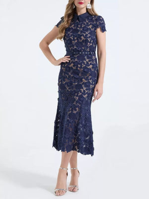 Dark Blue floral lace midi dress with belt and collar