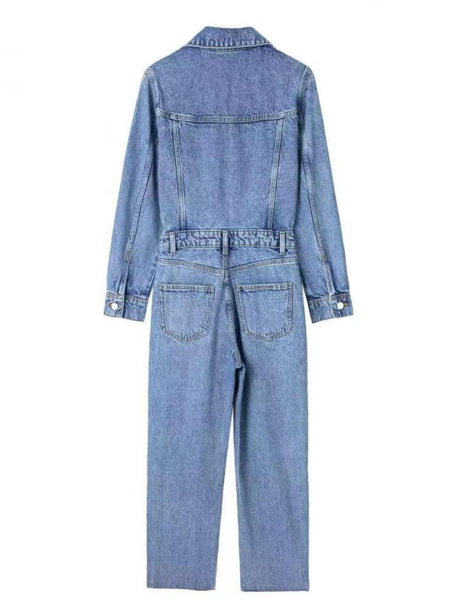 light blue jumpsuit with pocketed and long sleeve