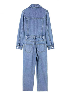 light blue jumpsuit with pocketed and long sleeve