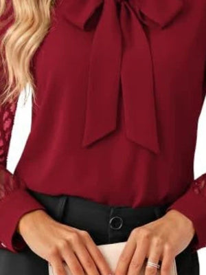 Bow-Tie Blouse With Sheer Chevron Sleeves in White