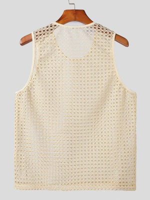 Beige open knit tank top with a woven texture and round neckline.