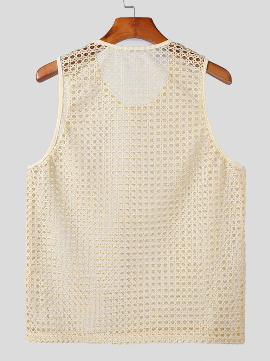 Beige open knit tank top with a woven texture and round neckline.