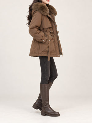 The main fabric is polyester parka in Black with relaxed silhouette
