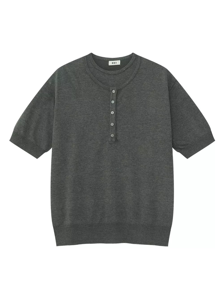 Charcoal short sleeve henley t-shirt with button placket and crew neck.
