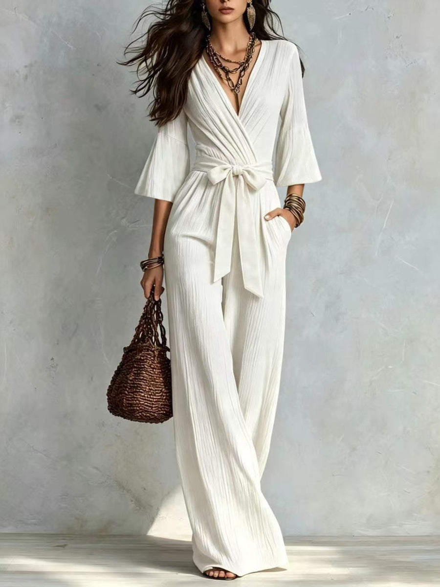 Sky Blue wide-leg jumpsuit with deep v-neck