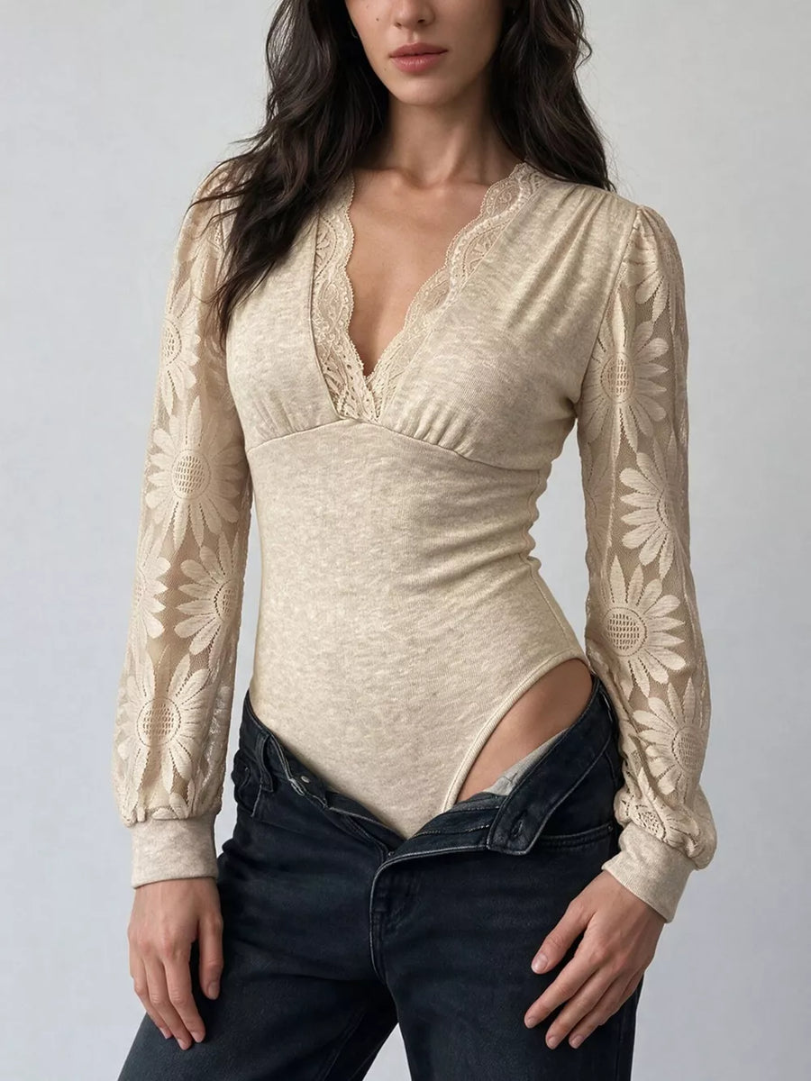83% polyester, 12% viscose, 5% elastane Care instructions: Machine wash cold bodysuit in light beige with fitted silhouette