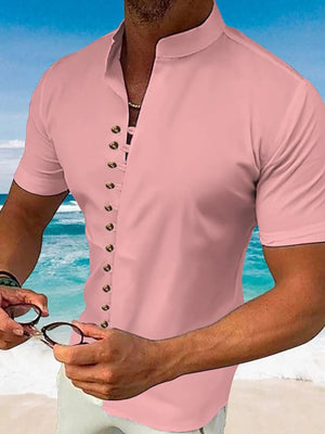 Mandarin collar henley shirt in dusty pink with button detail