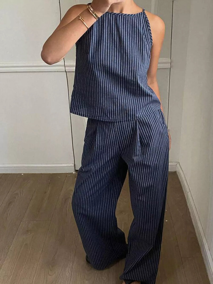 Blue striped sleeveless top and wide-leg pants set with a halter neckline.