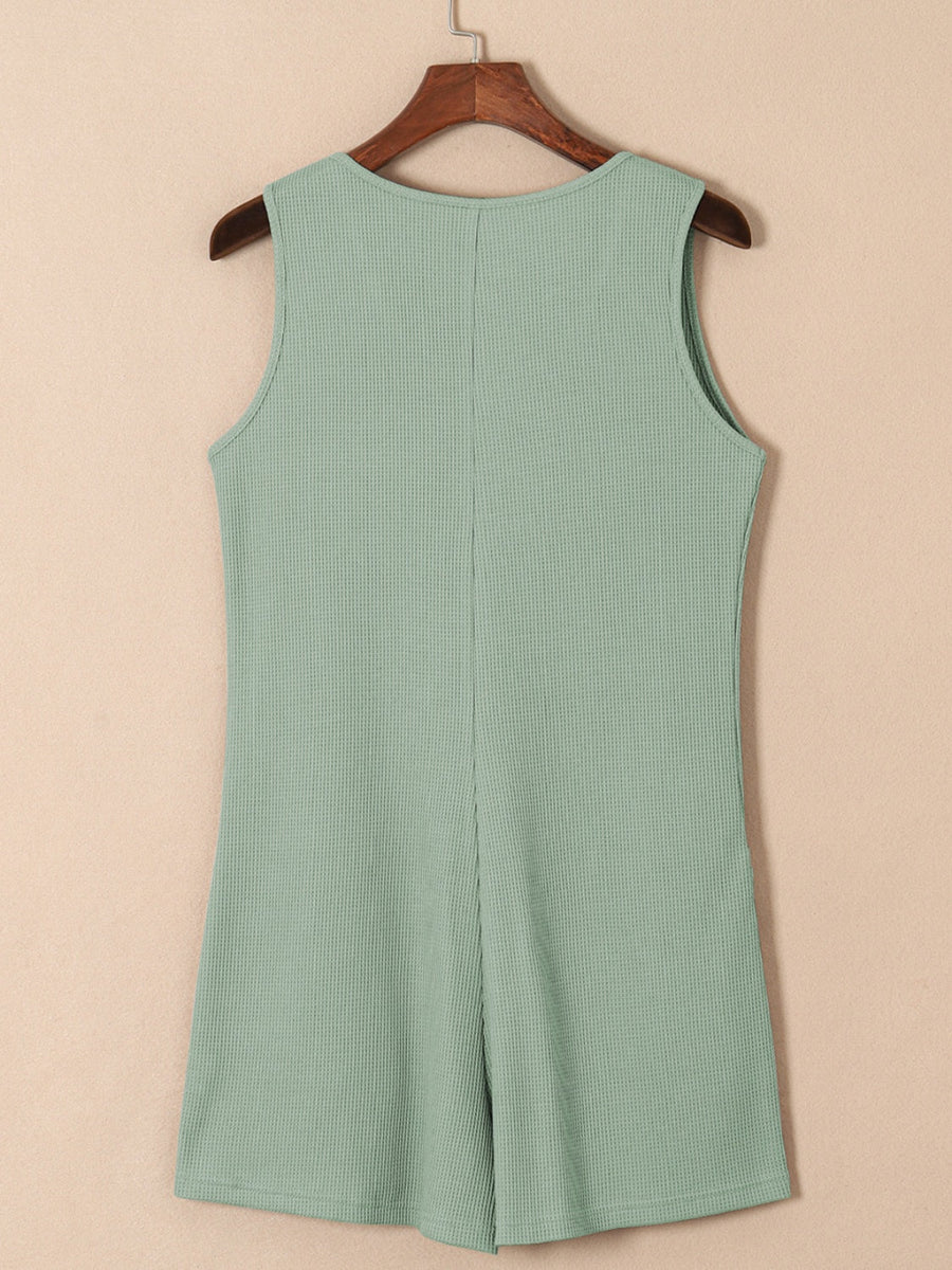 Sage waffle knit button-down romper with pockets