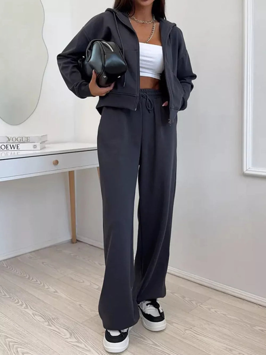 100% polyester Care instructions: Machine wash cold lounge set in Apricot with relaxed, wide-leg silhouette