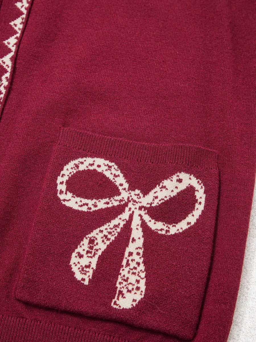 Bow Pocket Collar Long Sleeve Knit Cardigan in Burgundy with buttoned