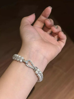 Pearl & Zircon Embellished Silver Bracelet in ivory with pearl embellishment