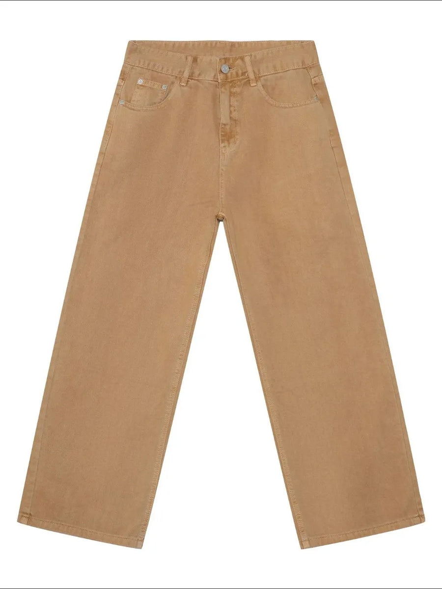 Wide-leg sandstone denim trousers with a casual, baggy fit and classic five-pocket styling.