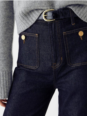 85% cotton, 15% polyester Care instructions: Machine wash cold jeans in Dark Blue with wide-leg silhouette