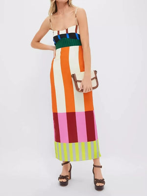 orange midi dress with color-block and straight