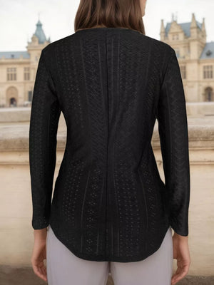 Black lace-embellished long sleeve maternity t-shirt with textured pattern.