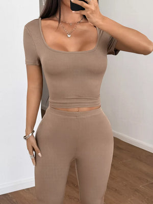 Khaki ribbed crop top and leggings set with a square neckline.