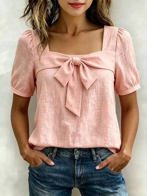 Pink bow tie puff sleeve shirt with square neckline
